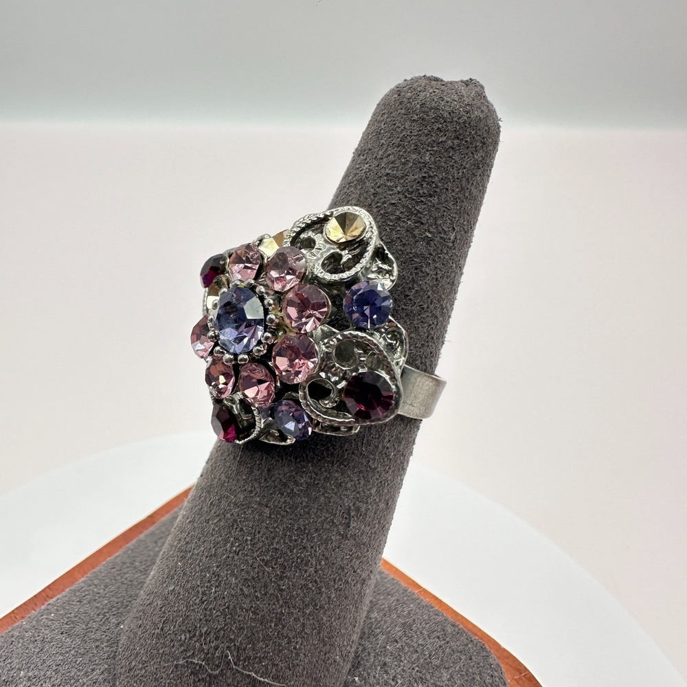 Vintage Y2K Rhinestone Statement Ring Silver Tone Filigree Women's Jewelry